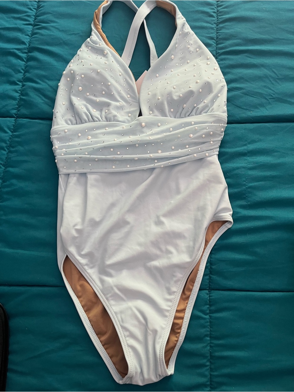 VENUS Light Blue One-Piece Swimsuit with Pearl & Rhinestone Accents